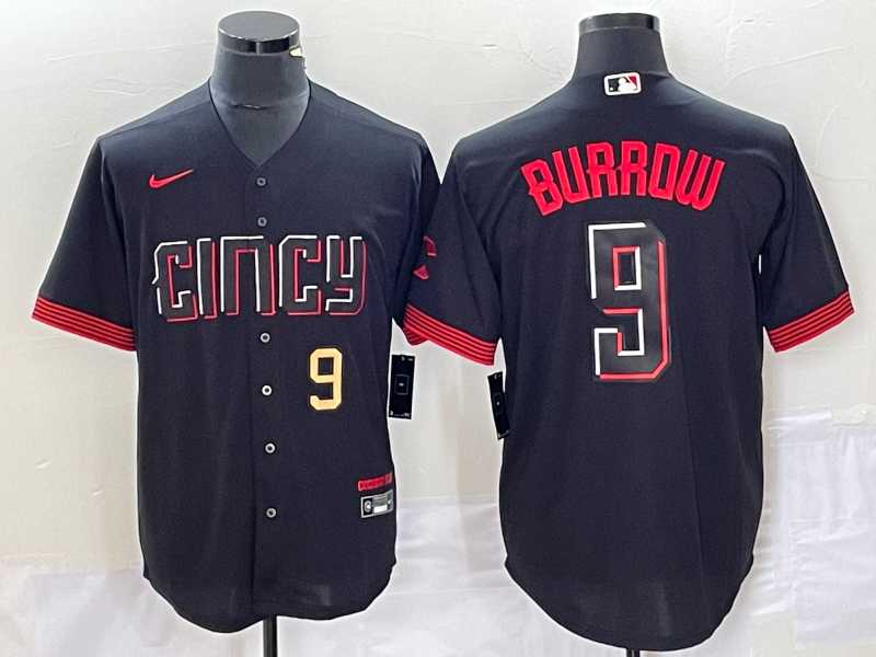 Mens Cincinnati Reds #9 Joe Burrow Number Black 2023 City Connect Cool Base Stitched Baseball Jersey1